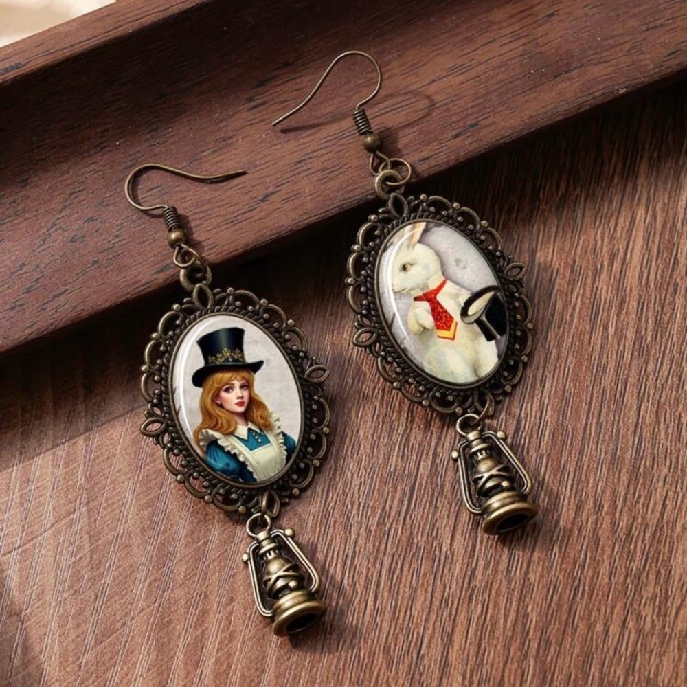 Steampunk Bronze Tone Alice in Wonderland Earrings